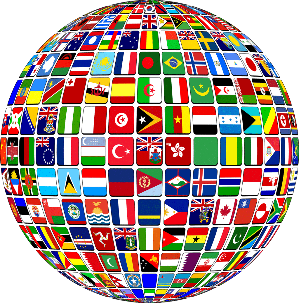 A globe filled with various country flags