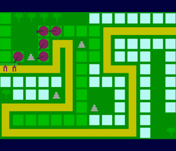 An image of the current prototype of our Tower Defence Game, with placeholder sprites
