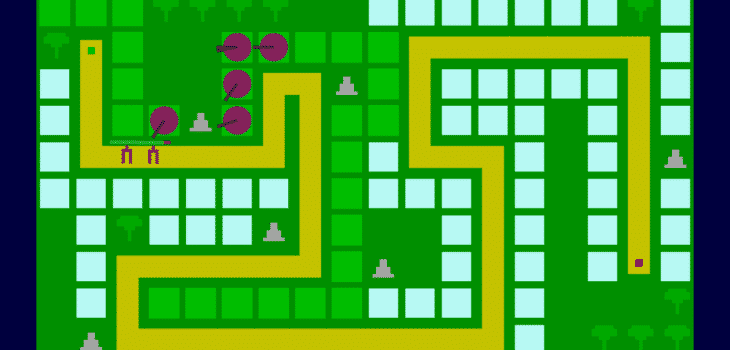 An image of the current prototype of our Tower Defence Game, with placeholder sprites